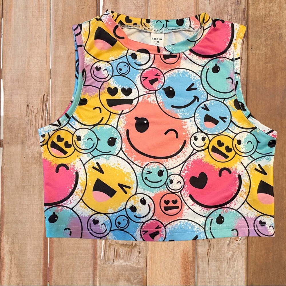 SHEIN Pink and Blue Emoji cropped Tank Top